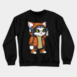 Paws & Playlists: Stylish Cat with Jacket and Headphones Crewneck Sweatshirt